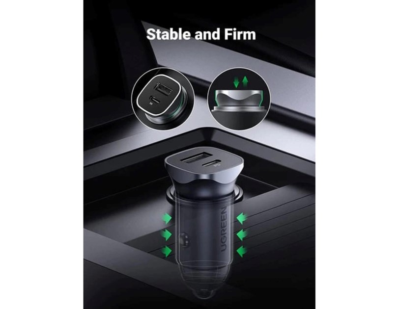 UGREEN auto punjač 24W, USB-C+USB-A, PD3.0/QC3.0, srebrni