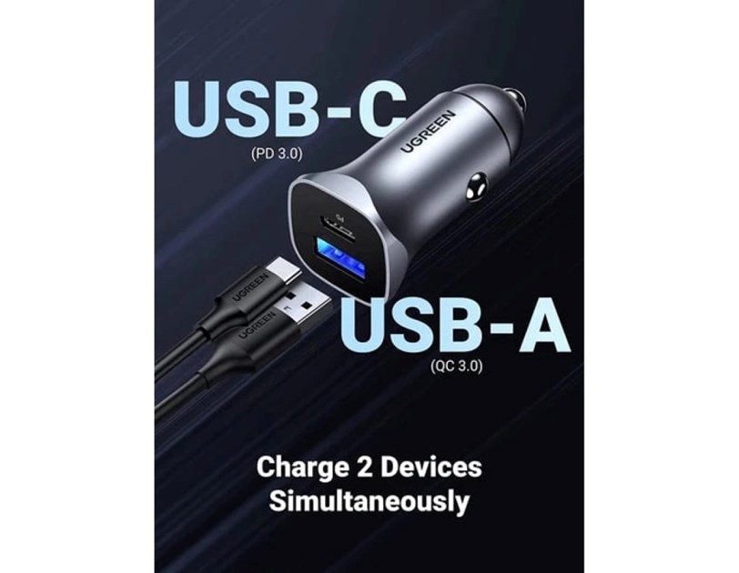 UGREEN auto punjač 24W, USB-C+USB-A, PD3.0/QC3.0, srebrni