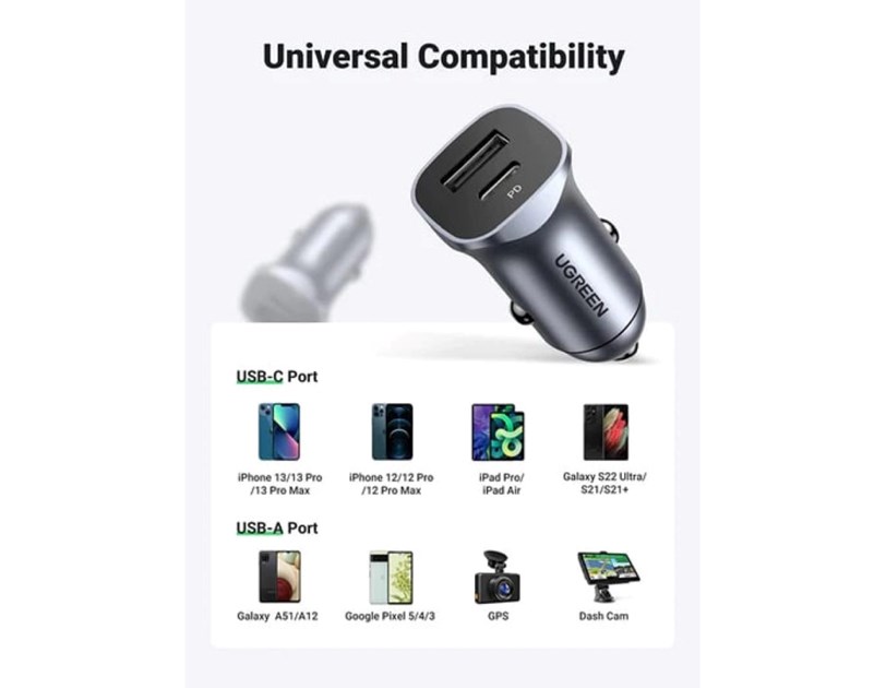 UGREEN auto punjač 24W, USB-C+USB-A, PD3.0/QC3.0, srebrni