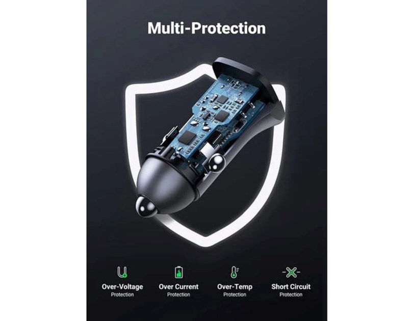 UGREEN auto punjač 24W, USB-C+USB-A, PD3.0/QC3.0, srebrni