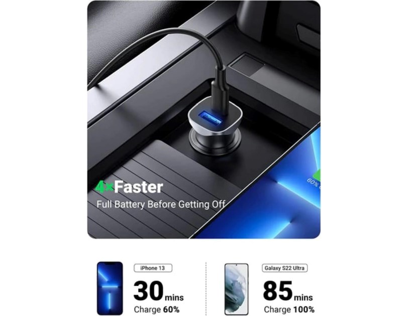 UGREEN auto punjač 24W, USB-C+USB-A, PD3.0/QC3.0, srebrni