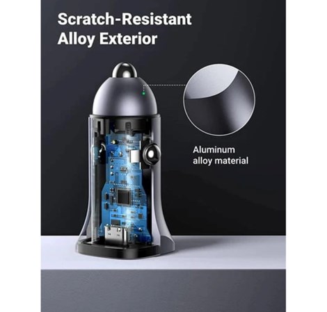 UGREEN auto punjač 24W, USB-C+USB-A, PD3.0/QC3.0, srebrni