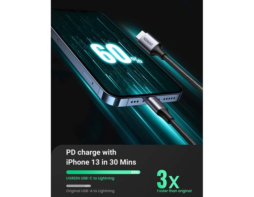 UGREEN Lightning na USB-C (M), MFi, PD, pleteni kabel, 1.0m
