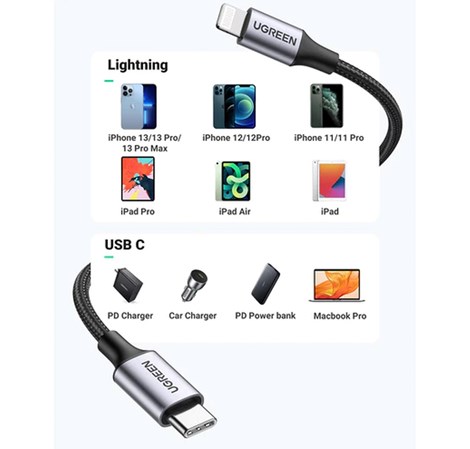 UGREEN Lightning na USB-C (M), MFi, PD, pleteni kabel, 1.0m