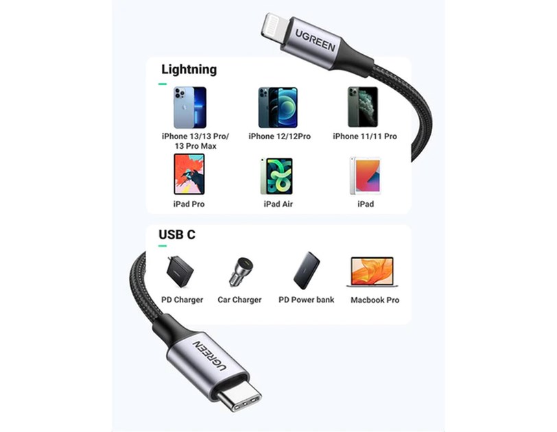 UGREEN Lightning na USB-C (M), MFi, PD, pleteni kabel, 1.0m