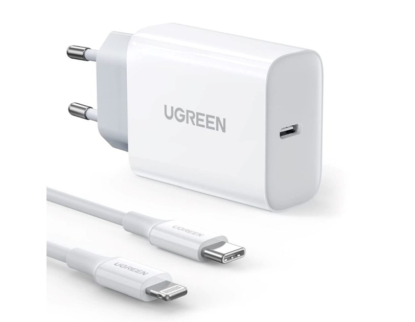 UGREEN zidni punjač 20W, USB-C, PD3.0/QC4.0, bijeli + USB-C/Lightning kabel 1.0m
