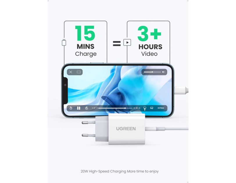 UGREEN zidni punjač 20W, USB-C, PD3.0/QC4.0, bijeli + USB-C/Lightning kabel 1.0m