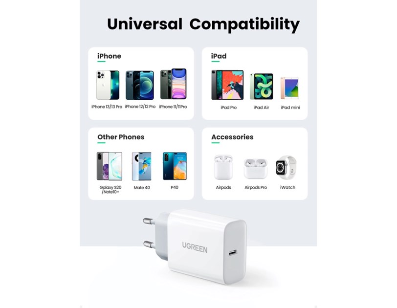 UGREEN zidni punjač 20W, USB-C, PD3.0/QC4.0, bijeli + USB-C/Lightning kabel 1.0m