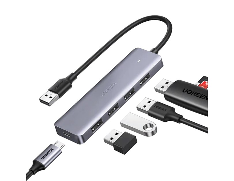 UGREEN 4-portni USB-A HUB 4xUSB-A 3.0 + micro USB power port, sivi