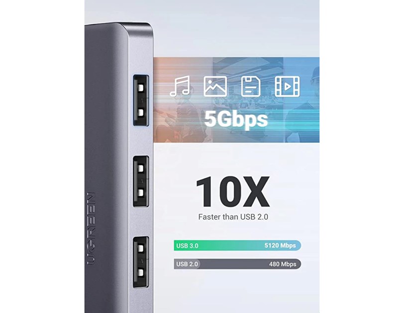 UGREEN 4-portni USB-A HUB 4xUSB-A 3.0 + micro USB power port, sivi