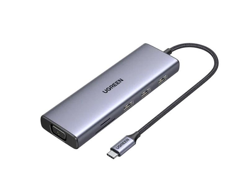 UGREEN 10-portni USB-C HUB 3×USB-A 3.0, 1xUSB- C PD, VGA, 4K, HDMI, 1xG-LAN, 1xSD, 1xTF, 3.5mm, sivi