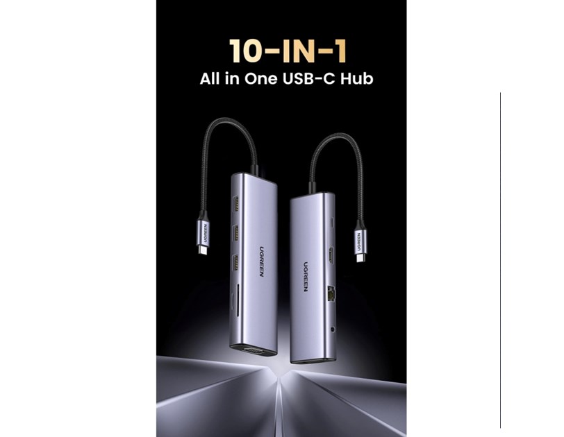 UGREEN 10-portni USB-C HUB 3×USB-A 3.0, 1xUSB- C PD, VGA, 4K, HDMI, 1xG-LAN, 1xSD, 1xTF, 3.5mm, sivi
