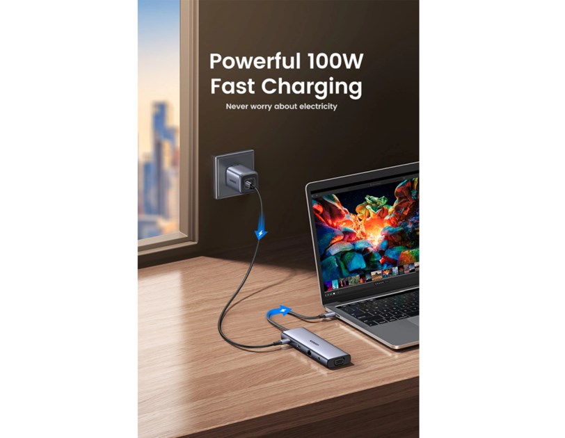 UGREEN 10-portni USB-C HUB 3×USB-A 3.0, 1xUSB- C PD, VGA, 4K, HDMI, 1xG-LAN, 1xSD, 1xTF, 3.5mm, sivi