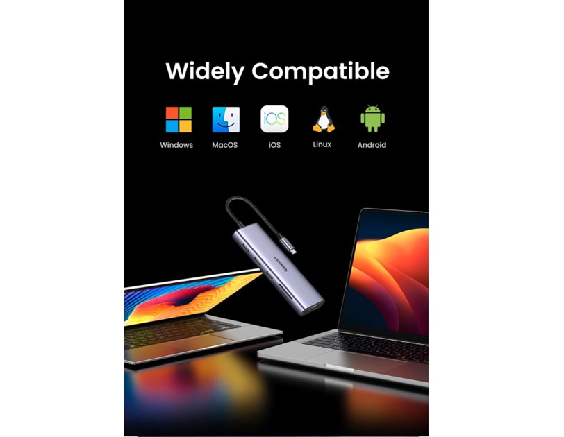 UGREEN 10-portni USB-C HUB 3×USB-A 3.0, 1xUSB- C PD, VGA, 4K, HDMI, 1xG-LAN, 1xSD, 1xTF, 3.5mm, sivi