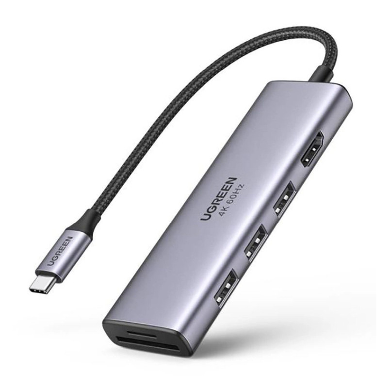 UGREEN 6-portni USB-C HUB 3xUSB-A 3.0, 1xHDMI 4K 60Hz, 1xSD, 1xTF, sivi 