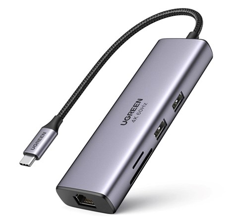 UGREEN 7-portni USB-C HUB 2xUSB-A 3.0, 1xHDMI 4K 60Hz, 1xRJ45, 1xSD, 1xTF, 1x USB-C PD, sivi 