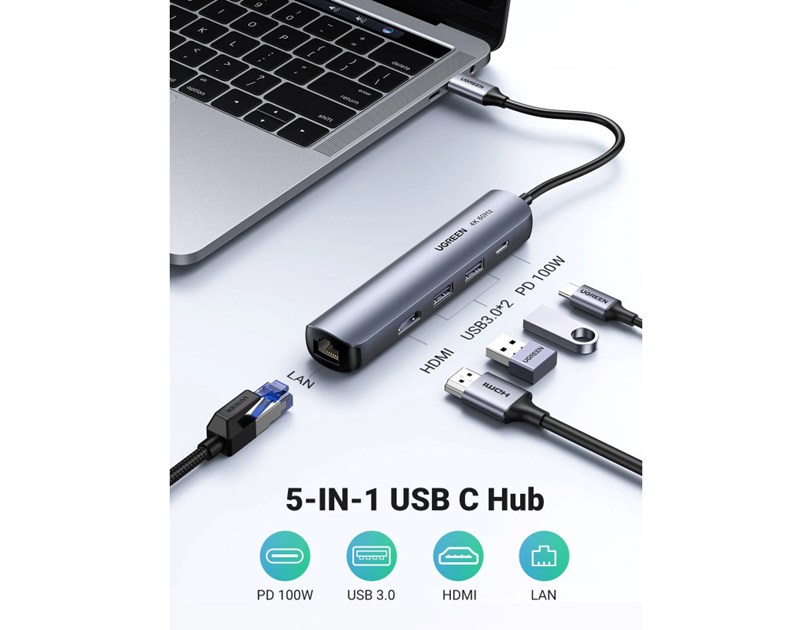 UGREEN 5-portni USB-C HUB 2xUSB-A 3.0 A, 1xHDMI, 1xRJ45, 1x USB-C PD, sivi