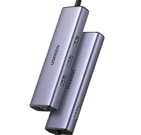 UGREEN 6-portni USB-C HUB USB-C 3xUSB-A 3.0, 1xHDMI,1x RJ45,1x USB-C PD, sivi
