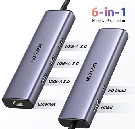UGREEN 6-portni USB-C HUB USB-C 3×USB-A 3.0, 1×HDMI,1×RJ45,1×USB-C PD, sivi