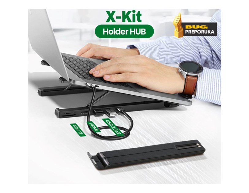 UGREEN X-Kit stalak za prijenosnik 5-u-1 HUB USB Type C - 2x USB 3.2 Gen, HDMI 4K 30 Hz, 3D, SD/microSD čitač