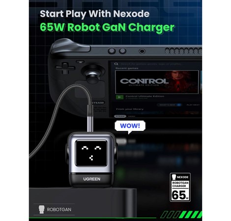 UGREEN Robot zidni punjač 65W, 2x USB-C, 1xUSB-A, GaN, sivo crni