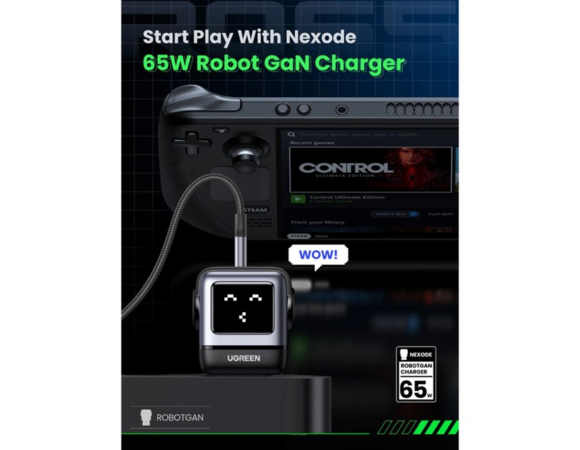 UGREEN Robot zidni punjač 65W, 2x USB-C, 1xUSB-A, GaN, sivo crni