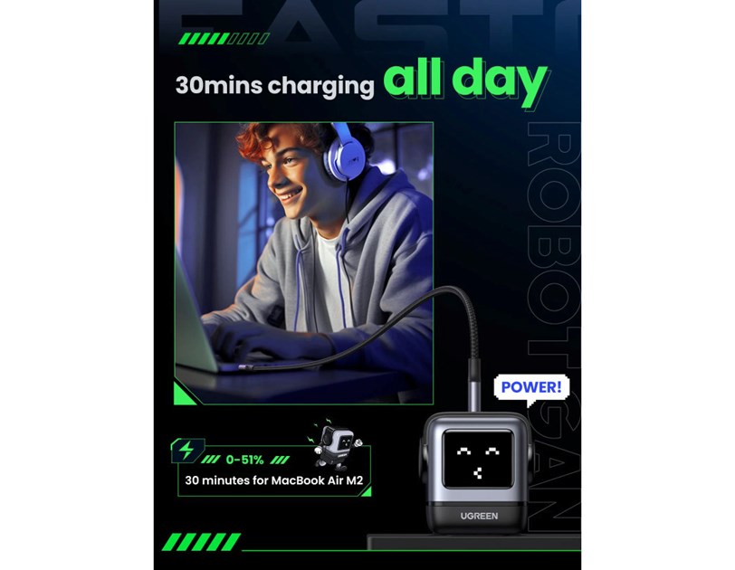UGREEN Robot zidni punjač 65W, 2x USB-C, 1xUSB-A, GaN, sivo crni