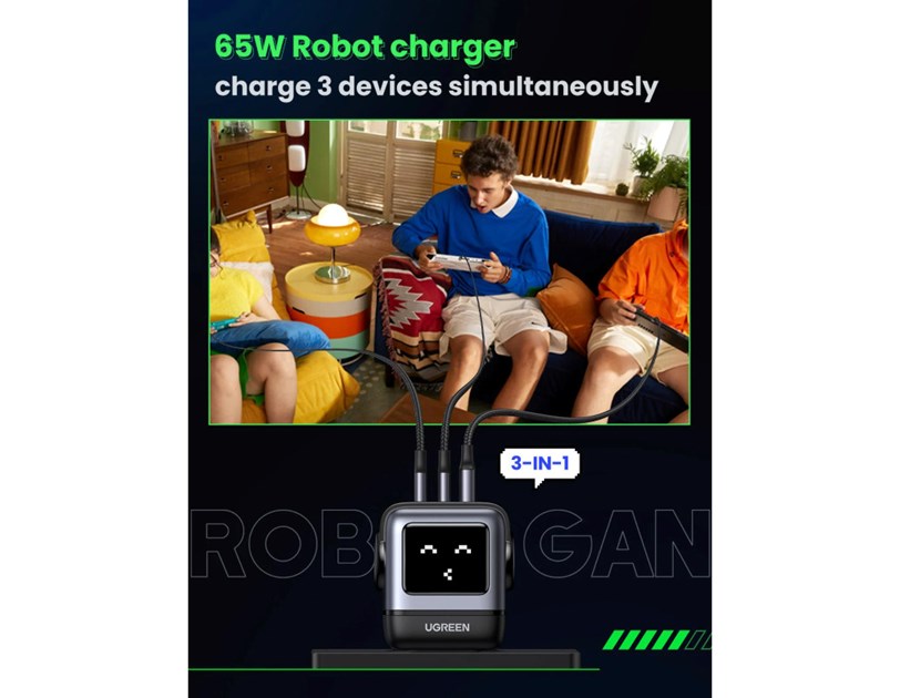UGREEN Robot zidni punjač 65W, 2x USB-C, 1xUSB-A, GaN, sivo crni