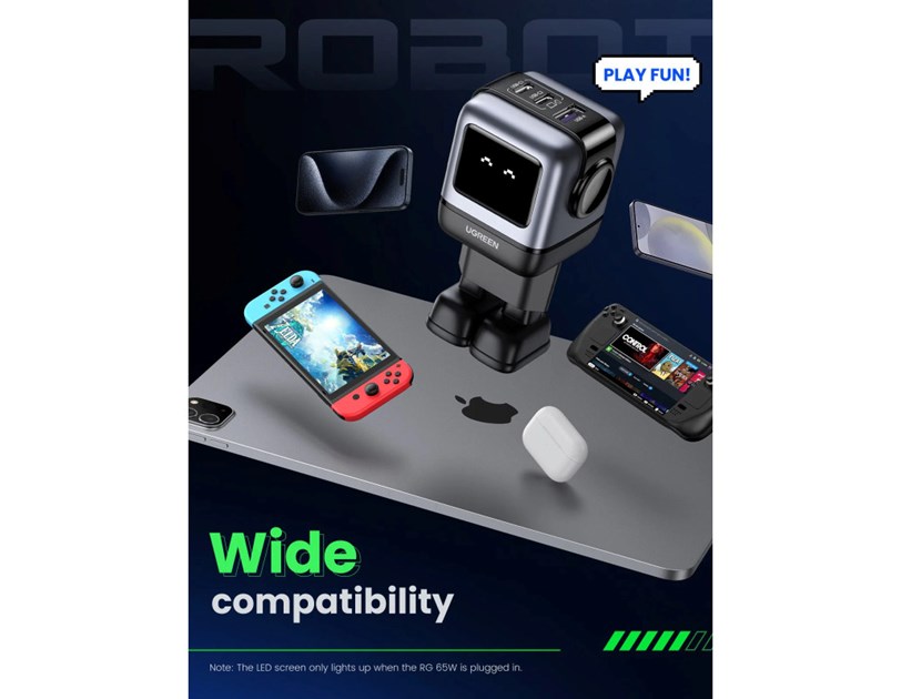 UGREEN Robot zidni punjač 65W, 2x USB-C, 1xUSB-A, GaN, sivo crni