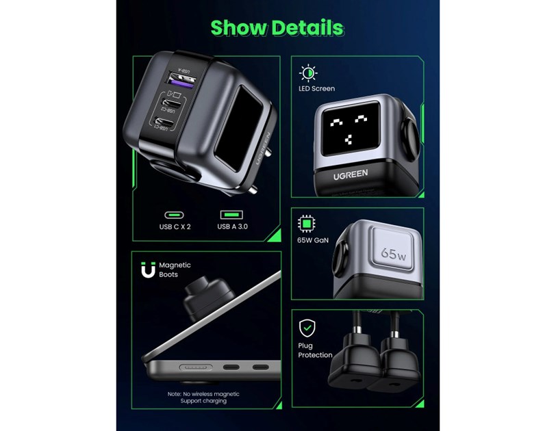 UGREEN Robot zidni punjač 65W, 2x USB-C, 1xUSB-A, GaN, sivo crni