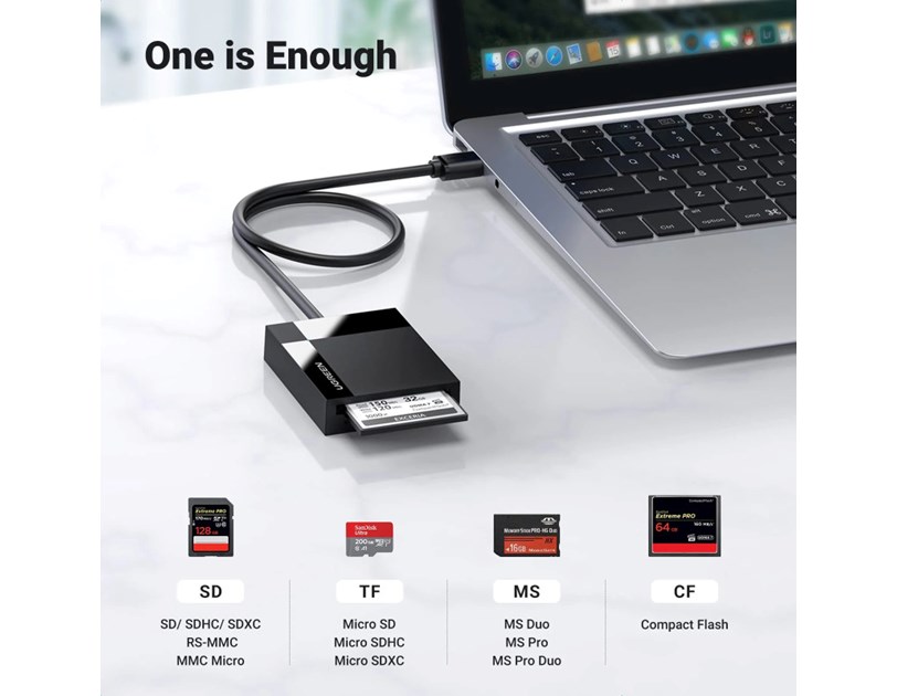 UGREEN čitač memorijskih kartica, USB 3.0, TF/SD/CF/MS kartice, 50cm, crni