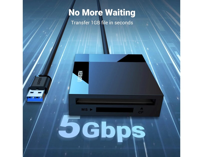 UGREEN čitač memorijskih kartica, USB 3.0, TF/SD/CF/MS kartice, 50cm, crni