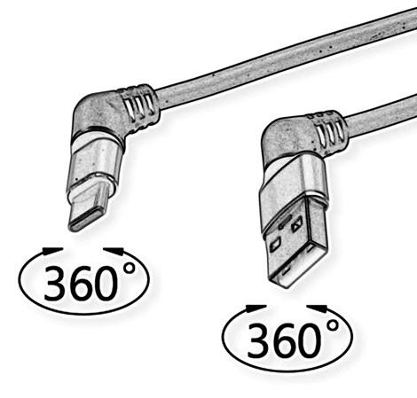Roline 360° USB 2.0 kabel, C-A, M/M, 60W, okretni konektori, crveno/crni, 2.0m