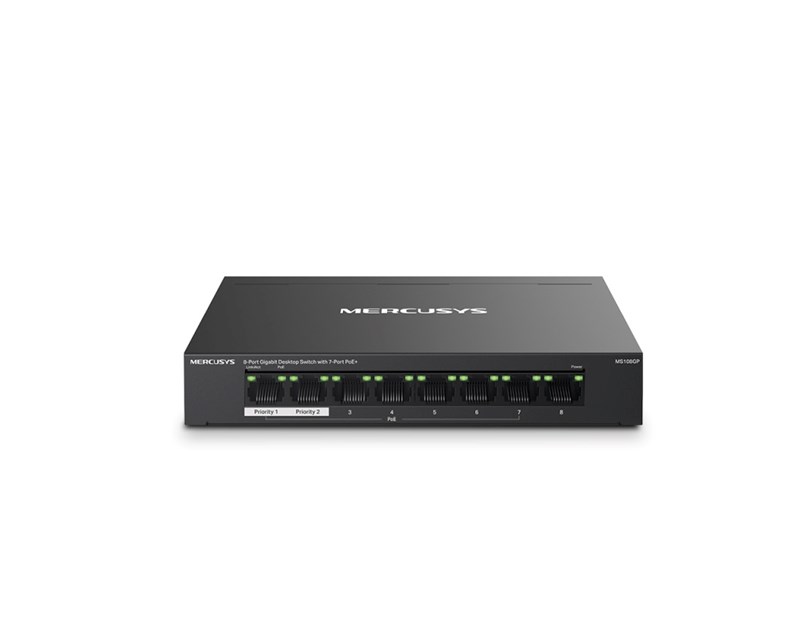 Mercusys 8-Port Gigabit Desktop preklopnik (Switch) 7× Gigabit PoE+, 1× Gigabit Non-Po, Plug & Play, metalno kučište 
