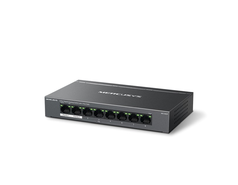 Mercusys 8-Port Gigabit Desktop preklopnik (Switch) 7× Gigabit PoE+, 1× Gigabit Non-Po, Plug & Play, metalno kučište 