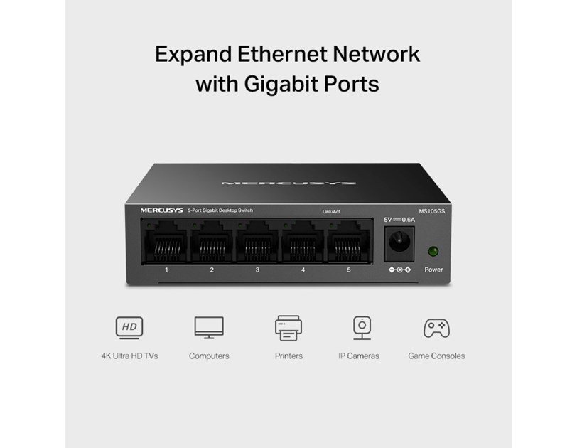 Mercusys MS105GS 5-Port Gigabit Desktop preklopnik (Switch) 5×10/100/1000Mbps, Plug & Play, Auto-Negotiation, Auto-MDI/MDIX, metalno kučište 