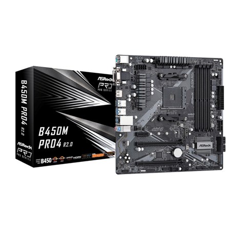 ASRock AMD B450M Pro4 R2.0, S.AM4, DDR4/3200, PCIe 3.0, G-LAN, D-SUB/DVI-D/HDMI, mATX