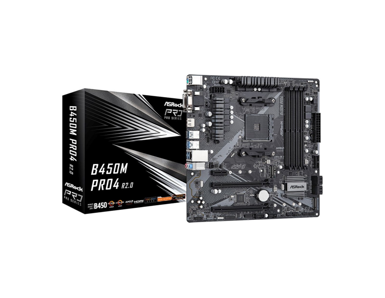 ASRock AMD B450M Pro4 R2.0, S.AM4, DDR4/3200, PCIe 3.0, G-LAN, D-SUB/DVI-D/HDMI, mATX