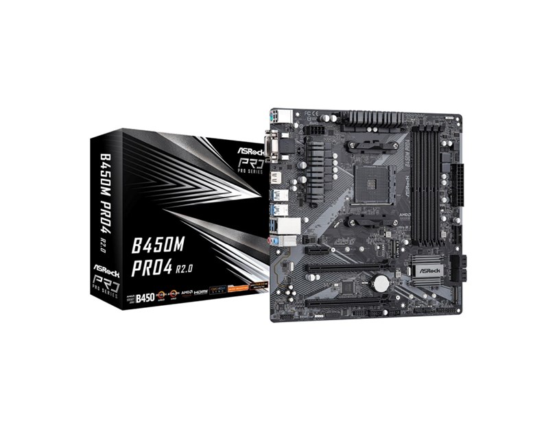 ASRock AMD B450M Pro4 R2.0, S.AM4, DDR4/3200, PCIe 3.0, G-LAN, D-SUB/DVI-D/HDMI, mATX