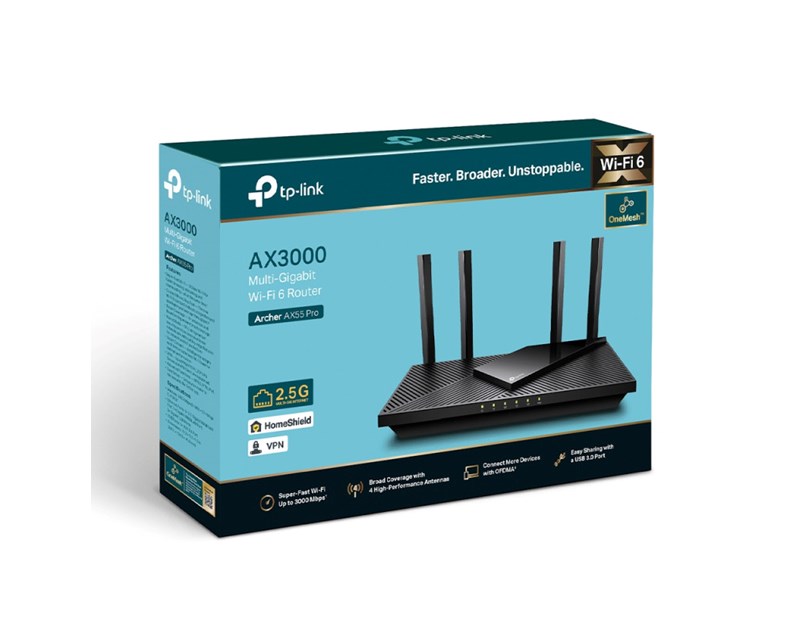 TP-Link AX3000 Archer AX55 Pro bežični usmjerivač (Dual-Band Router Wi-Fi 6) Multi-Gigabit 574 Mbps/2402 Mbps (2.4 GHz/5 GHz) 802.11ax/a/b/g/n/ac, 2×  WAN/LAN, 3× Gigabit LAN, USB 3.0, 4×fiksne antene