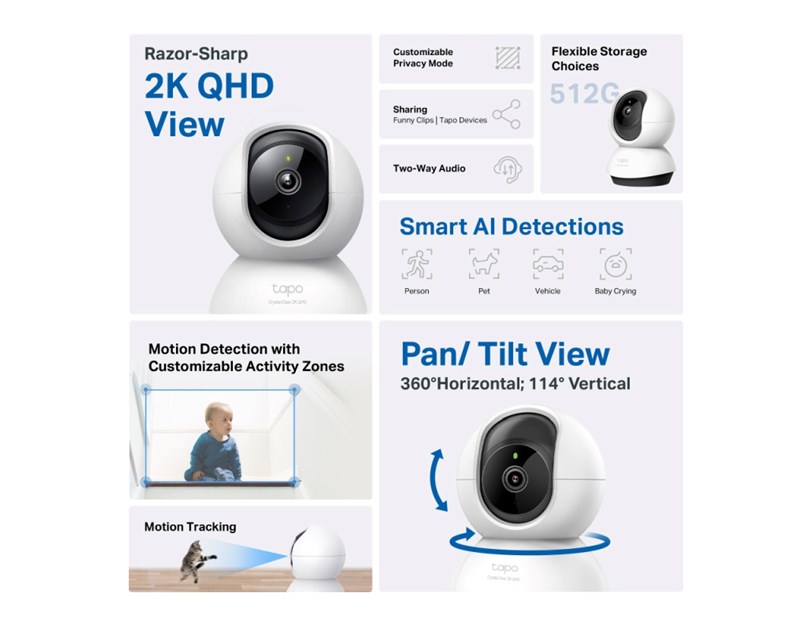 TP-Link Tapo C220 AI kamera 2K QHD, H.264, 360°/114° Pan/Tilt, Advanced Night Vision, microSD, dvosmjerni audio, AI detekcija pokreta, Wi-Fi, Tapo app