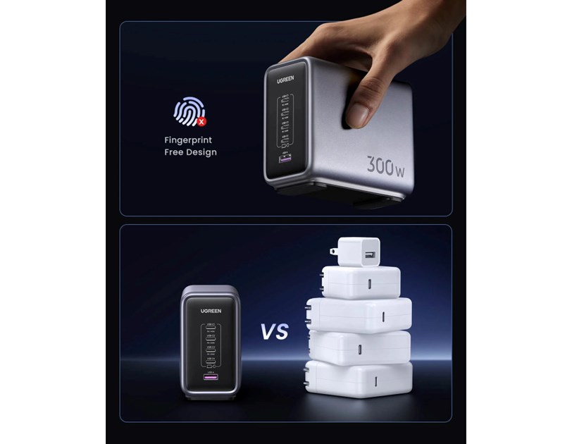 UGREEN Nexode GaN II Tech zidni punjač 300W, 4xUSB-C, 1xUSB-A, PD, sivi