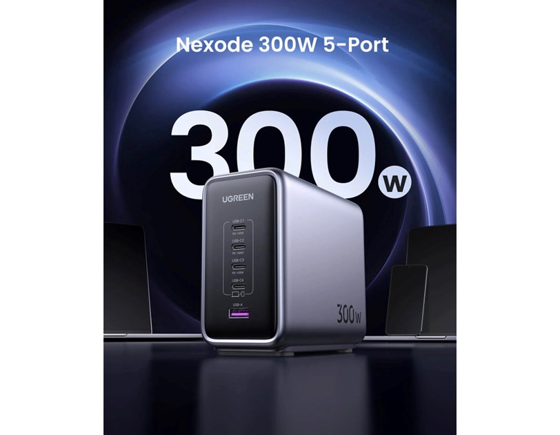 UGREEN Nexode GaN II Tech zidni punjač 300W, 4xUSB-C, 1xUSB-A, PD, sivi