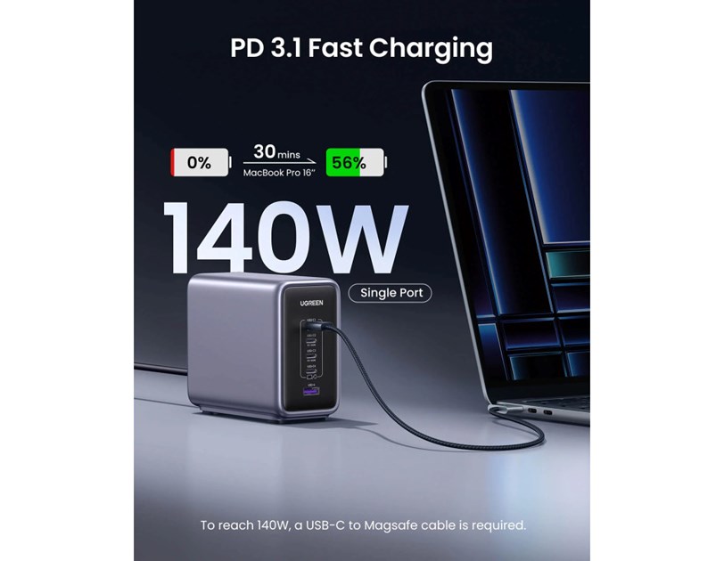 UGREEN Nexode GaN II Tech zidni punjač 300W, 4xUSB-C, 1xUSB-A, PD, sivi