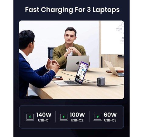 UGREEN Nexode GaN II Tech zidni punjač 300W, 4xUSB-C, 1xUSB-A, PD, sivi