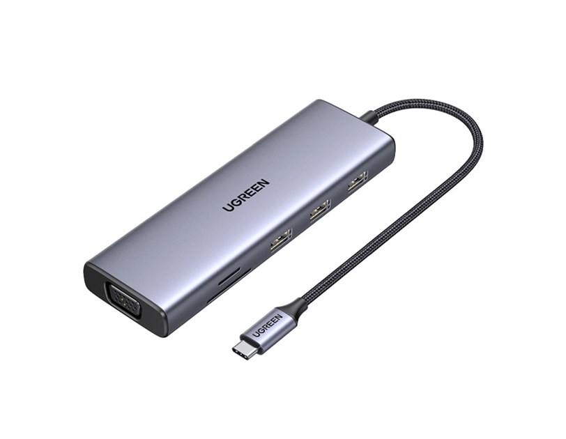 UGREEN 9-portni USB-C HUB 3xUSB-A,1xHDMI 4K 60, 1xVGA, 1xUSB-C PD 100W, 1xRJ45, 1xSD, 1xTF, sivi