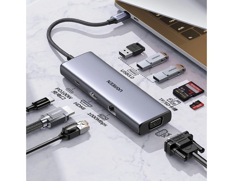 UGREEN 9-portni USB-C HUB 3xUSB-A,1xHDMI 4K 60, 1xVGA, 1xUSB-C PD 100W, 1xRJ45, 1xSD, 1xTF, sivi
