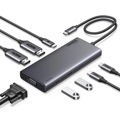 UGREEN 8-portni Revdok USB-C HUB USB-C 2xUSB-C, 2xUSB-A, 1xHDMI 4K 60, 1xHDMI 4K 30, 1xVGA, 1xUSB-C PD 100W, sivi 