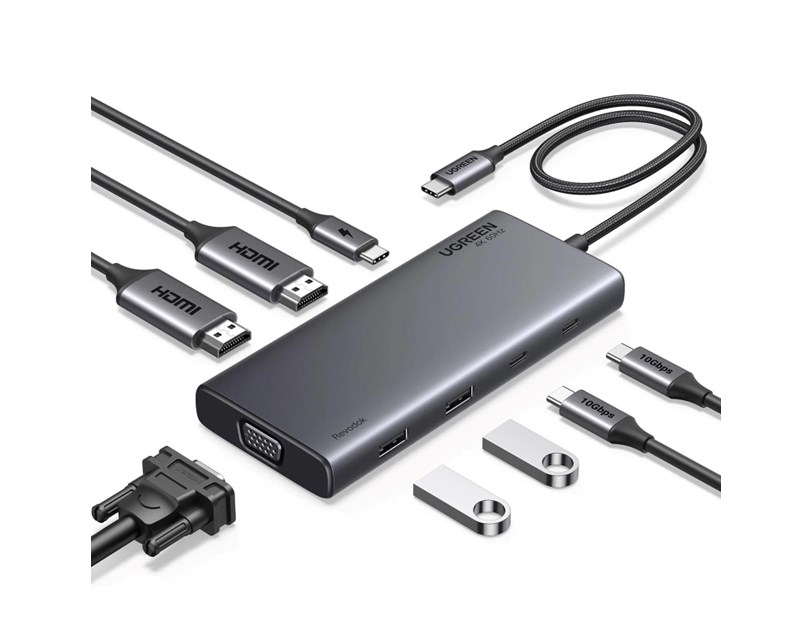 UGREEN 8-portni Revdok USB-C HUB USB-C 2xUSB-C, 2xUSB-A, 1xHDMI 4K 60, 1xHDMI 4K 30, 1xVGA, 1xUSB-C PD 100W, sivi 