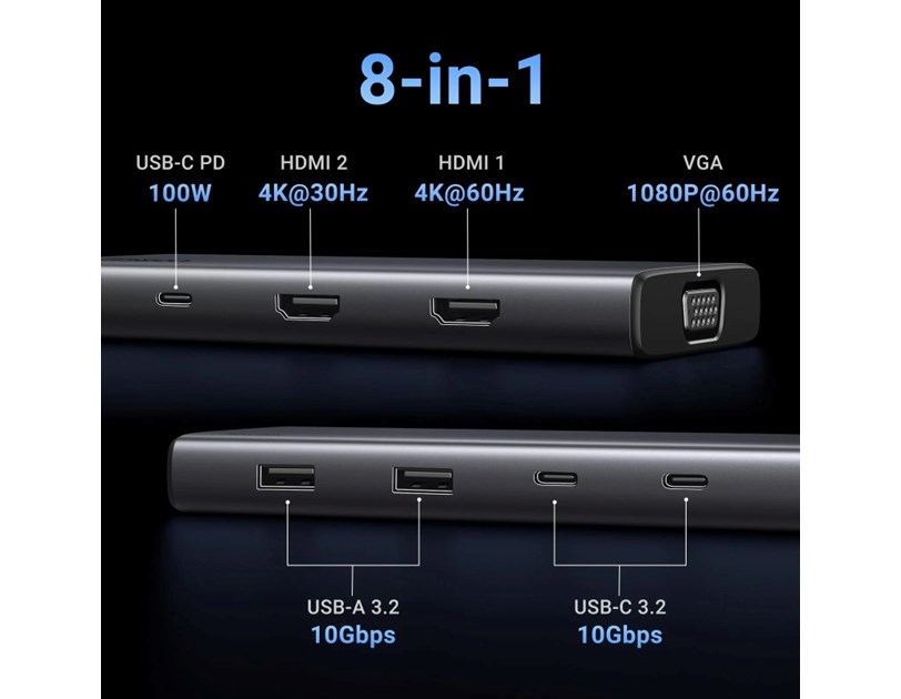 UGREEN 8-portni Revdok USB-C HUB USB-C 2xUSB-C, 2xUSB-A, 1xHDMI 4K 60, 1xHDMI 4K 30, 1xVGA, 1xUSB-C PD 100W, sivi 